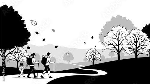 Black and white illustration of a family with a dog walking on a winding path through a park with trees and hills in the background.