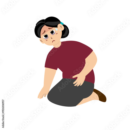 Woman with a compress on his forehead. Woman with a tired expression, large eye bags from illness.