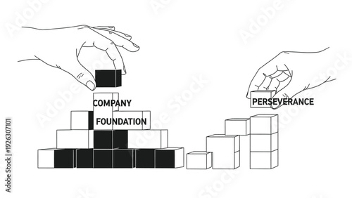 Black and white illustration of two hands building block foundations, one labeled 'Company Foundation' and the other 'Perseverance', against a plain white background with a minimalist style.