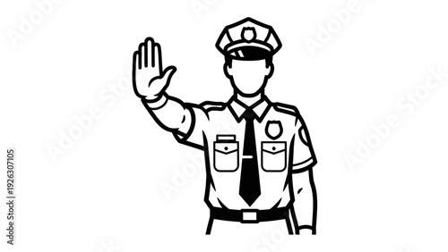 A line drawing of a police officer in uniform with right hand raised in a stop gesture against a plain white background.