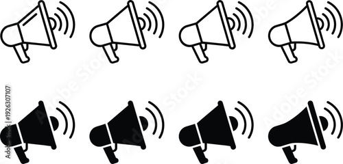 Megaphone speaker announcement icon set with outline and solid loudspeaker symbols vector illustration collection