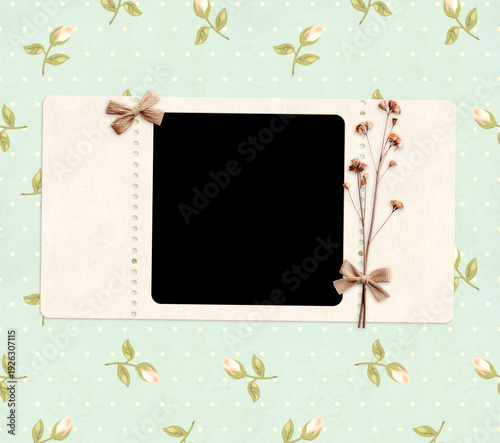 Nostalgic scrapbooking banner with moodboard pictures for scrapbooking. Retro background with paper texture, dry pressed leaves, flowers, linen bow and frame photo. Vintage style mood board layout