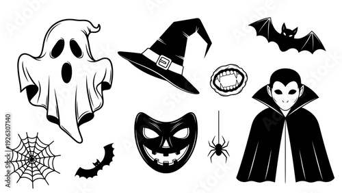 Flat lay of various Halloween icons including a ghost, witch hat, bats, spider web, mask, and vampire on a white background with a dark and spooky mood.