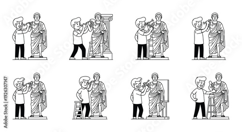 Ancient roman men in togas interacting in various poses line art