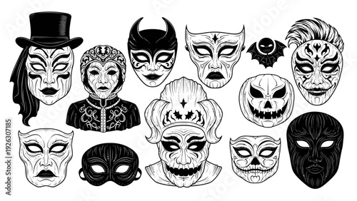 Black and white illustration of various Halloween masks and costumes on a plain white background with a spooky and playful mood.