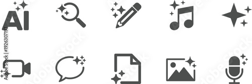 Modern Generative AI Icon Set with Sparkle Symbols for Content Creation, Automation and Artificial Intelligence Tools, Line Style Vector Elements for Web, App and UI Interface Design