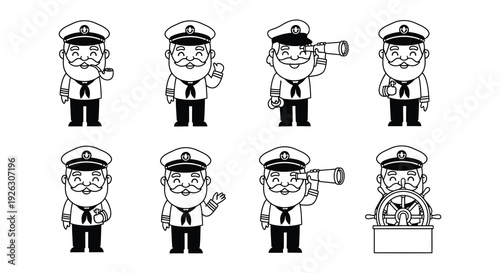 Charming set of black and white cartoon sailor illustrations with various poses