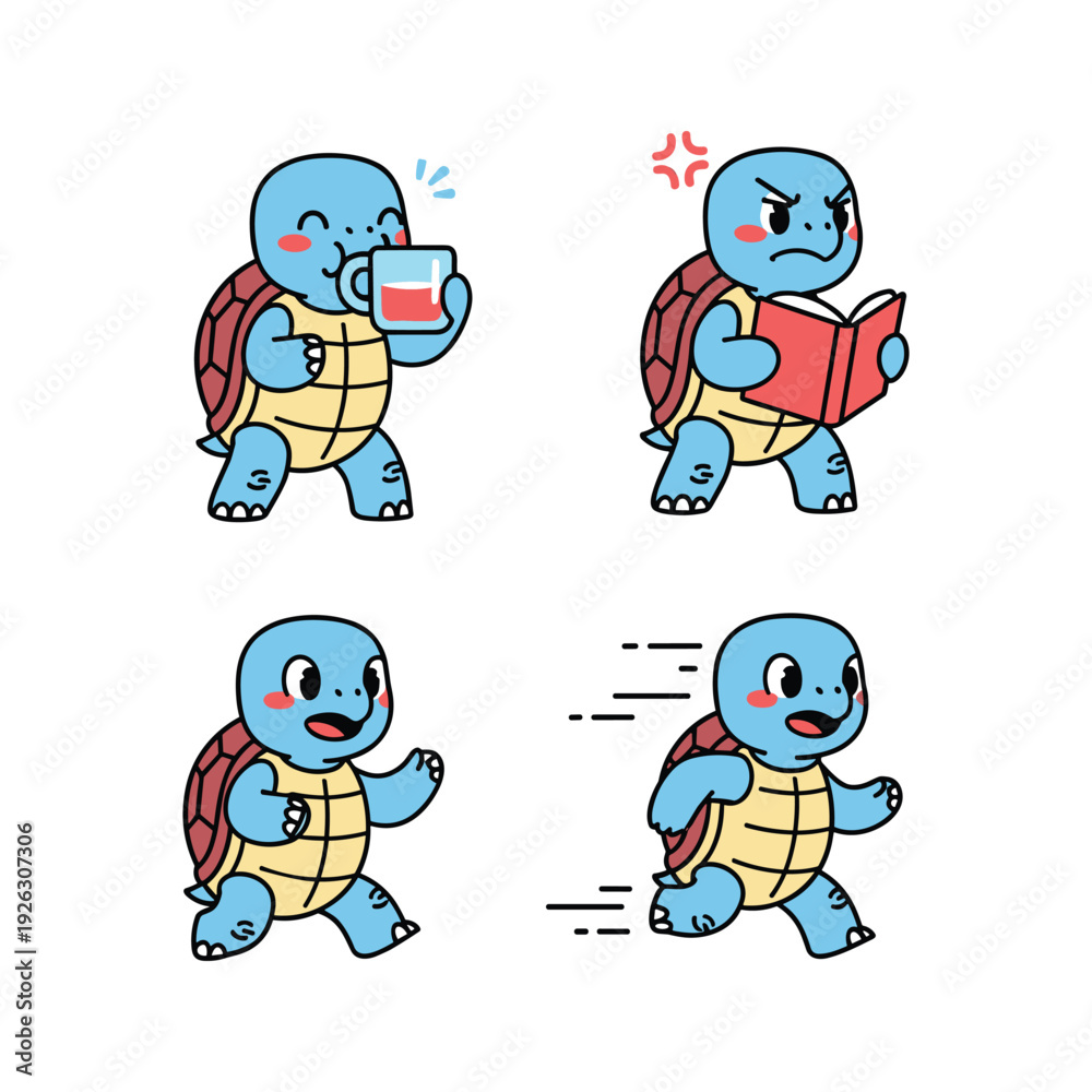 Obraz premium Cute cartoon turtle character in various poses with coffee and book