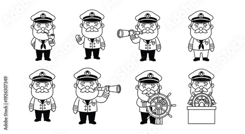 Charming set of black and white cartoon sailor illustrations with various poses