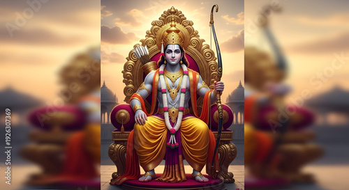 Ram Navami vector artwork depicting Lord Rama seated on royal throne with bow and arrow in sacred temple setting conveying devotion faith and Happy Ram Navami celebration