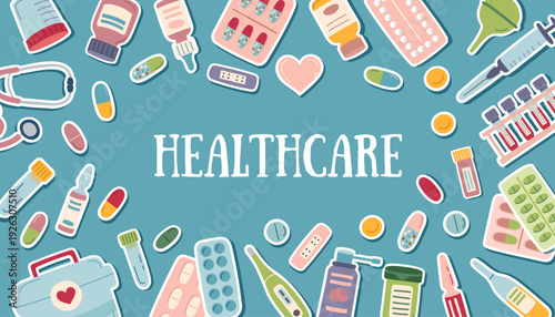 Medicine banner with pills, supplies and tools on blue. Concept of medicine, wellbeing and healthcare. Vector flat template with copy space.
