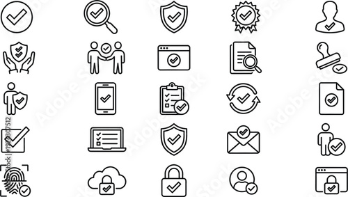 Security and verification outline icon set with shield checkmark fingerprint cloud lock approval vector collection