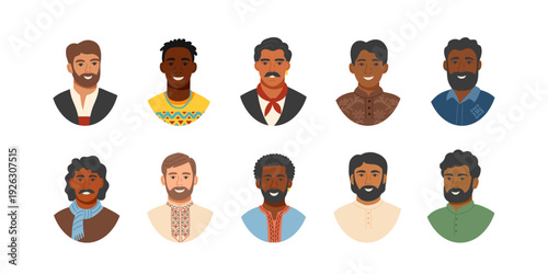 Set of male avatars with different skin tone and clothes isolated on white2. Concept of equality, cultural diversity, friendship, inclusion. Vector flat cliparts.