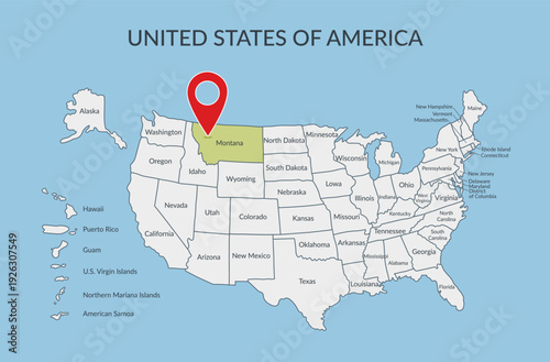 Montana State location on the map of the United States of America with pin location marker. Vector flat template.
