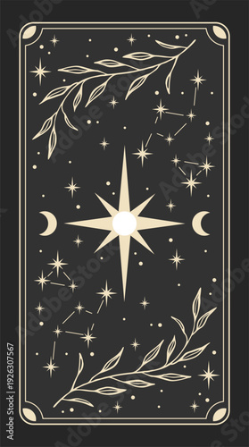 Esoteric mystical tarot card with astrology elements. Vector illustration template, boho style