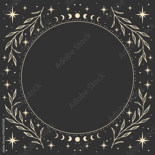 Magic vector frame with stars and plants. Mystic frame for tarot, esoteric, astrology design. Template for poster and prints.