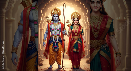Ram Navami vector illustration of Lord Rama and Goddess Sita standing in sacred temple corridor with bow ornaments and divine aura celebrating Happy Ram Navami festival