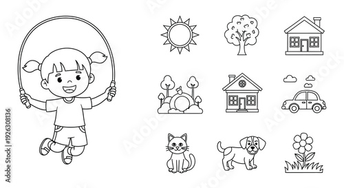 Black and white line drawing of a girl jumping rope and various icons