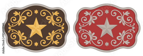 sheriff star badge rodeo cowboy belt buckle vector featuring wild west cowboy style, texas five point star emblem, stylized decorative frame, western rank insignia inspired design, vintage frontier au