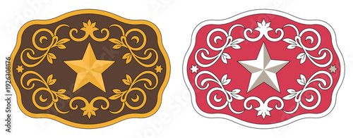 sheriff star badge rodeo cowboy belt buckle vector featuring wild west cowboy style, texas five point star emblem, stylized decorative frame, western rank insignia inspired design, vintage frontier au