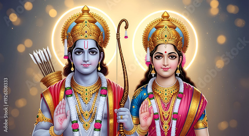 Ram Navami vector portrait of Lord Rama and Goddess Sita with radiant halo and blessing gesture for devotional greeting branding and festive marketing use