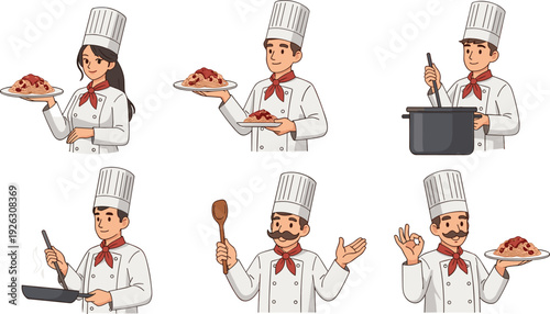 Professional chef characters set featuring male and female cooks in white uniforms  plates, cooking with pots and pans, and showing ok sign isolated on white background flat vector illustration.