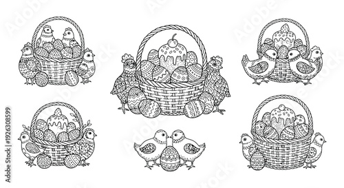Intricate illustration of adorable chicks gathered around a basket of eggs
