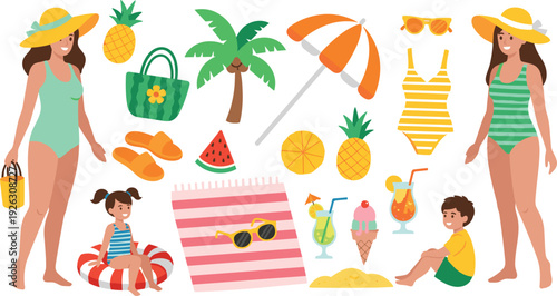 Large summer beach vector set featuring women in swimwear, children playing, palm tree, umbrella, swimsuit, pineapple, watermelon, tropical cocktails, and accessories for vacation travel designs.