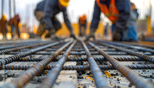 Workers focus on arranging steel reinforcement bars on a construction site for foundations