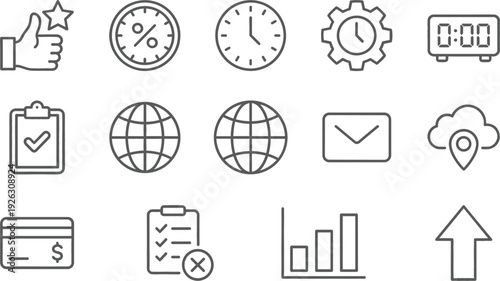 Business management and productivity icon set with checklist clock analytics finance outline vector