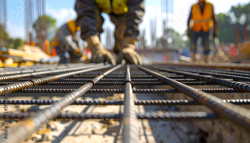 Wallpaper Mural Workers focus on laying steel reinforcement bars at a construction site under bright sunlight Torontodigital.ca