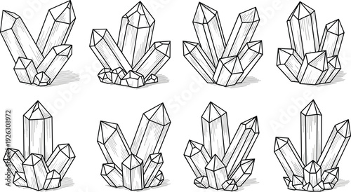 Hand Drawn Crystal Clusters Line Art with Shadow Details mineral quartz