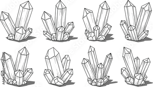 Hand Drawn Crystal Clusters Line Art with Shadow Details Set 2 mineral quartz