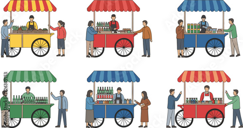 Diverse People Shopping at Colorful Market Stalls with Various Goods vendor customer