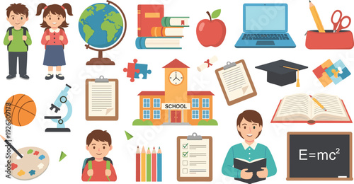 Large school education vector set featuring student characters, school building, globe, microscope, laptop, graduation cap, books, and classroom supplies for back to school designs.