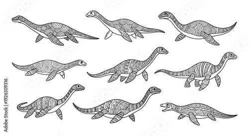 Variety of mosasaurs and plesiosaurs in a black and white illustration