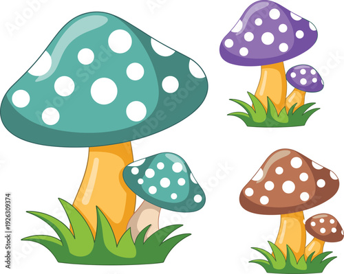 Cute cartoon mushroom illustration set, colorful spotted toadstool clipart collection, whimsical forest fungi elements isolated on white background for kids design
