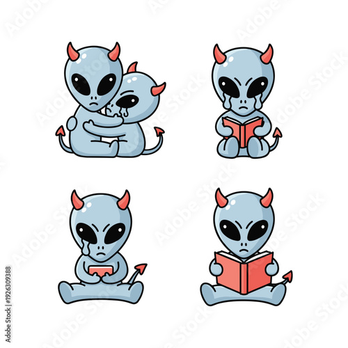 Cute cartoon alien characters reading books in various poses with red horns