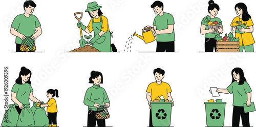 Set of flat vector characters practicing eco friendly habits including community gardening, waste recycling, zero waste shopping with mesh bags, and teaching children about sustainability.