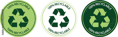 Three Green Circular Recycling Symbols with 100 Percent Recyclable Text icon