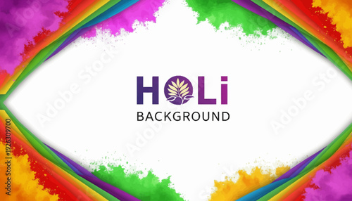 Vibrant Holi festival background with colorful powder splashes and a white frame, featuring a purple Holi logo with a rainbow design.