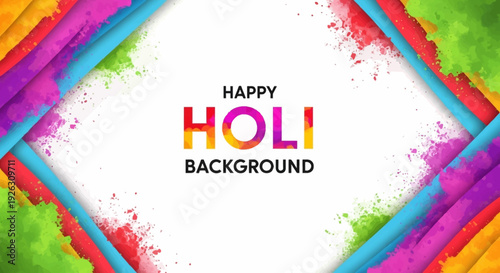 Vibrant Holi festival background with colorful powder splashes and geometric frame design in rainbow hues, ideal for celebration and event promotions.