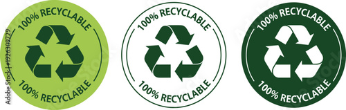 Three Green Circular Recycling Symbols with 100 Percent Recyclable Text icon
