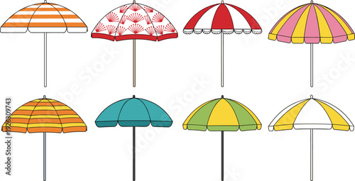 Set of colorful vector umbrella illustrations with various patterns including stripes, floral prints, and solid colors for summer beach, patio, and outdoor cafe vacation designs.
