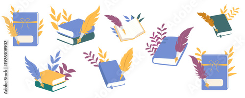 Vintage Books and Quill Pen Set