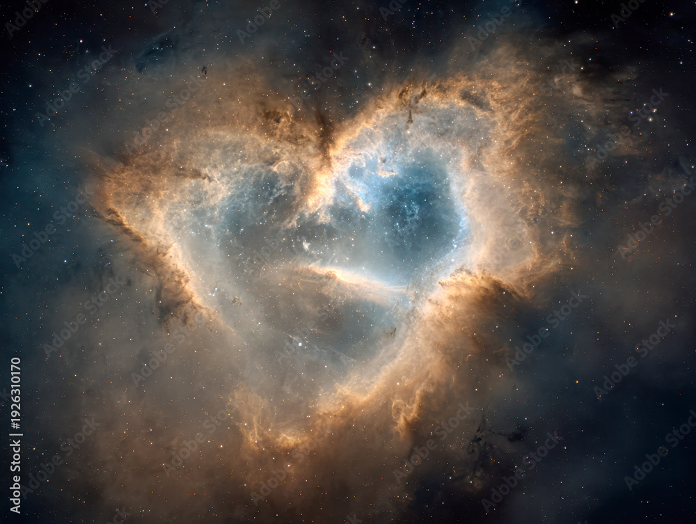 Obraz premium A stunning view of a heart-shaped nebula glowing with bright blue and warm orange hues surrounded by countless stars in the vast cosmos of deep space