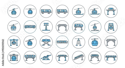 Collection of various transportation icons representing different modes of travel and transit.