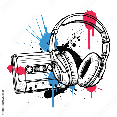 Retro audio cassette tape isolated on white background with vintage music and analogue sound style vector illustration t shirt design.