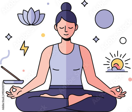 A woman meditating in lotus position surrounded by mystical elements on transparent background silhouette high quality professional detailed modern elegant stylish