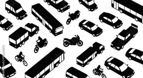 Collection of various vehicles including cars, buses, and motorcycles in a monochrome style.